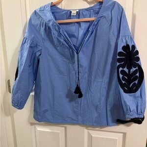 J. Crew Light Blue Peasant Blouse with Black Embroidered Sleeves